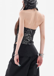 Vintage Black Hooded Hole Cotton Tops Sleeveless