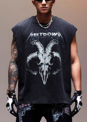 Vintage Black Letter Print Cotton Men Tank Sleeveless
