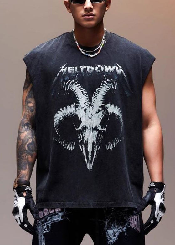 Vintage Black Letter Print Cotton Men Tank Sleeveless