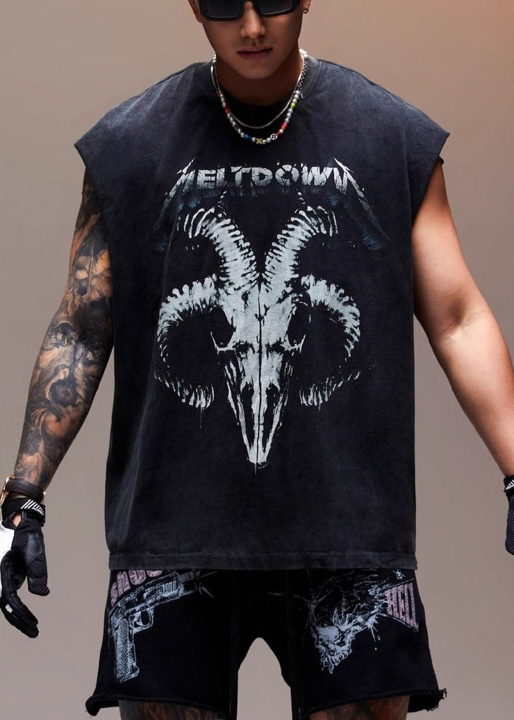 Vintage Black Letter Print Cotton Men Tank Sleeveless