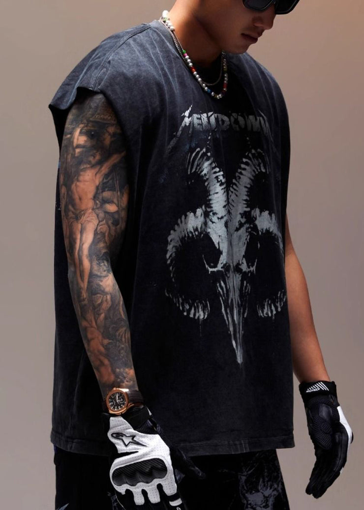 Vintage Black Letter Print Cotton Men Tank Sleeveless