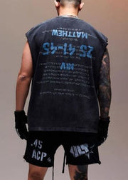 Vintage Black Letter Print Cotton Men Tank Sleeveless