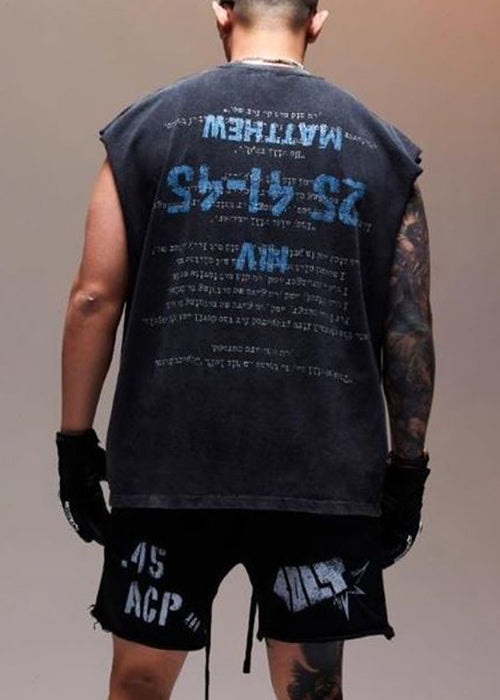 Vintage Black Letter Print Cotton Men Tank Sleeveless