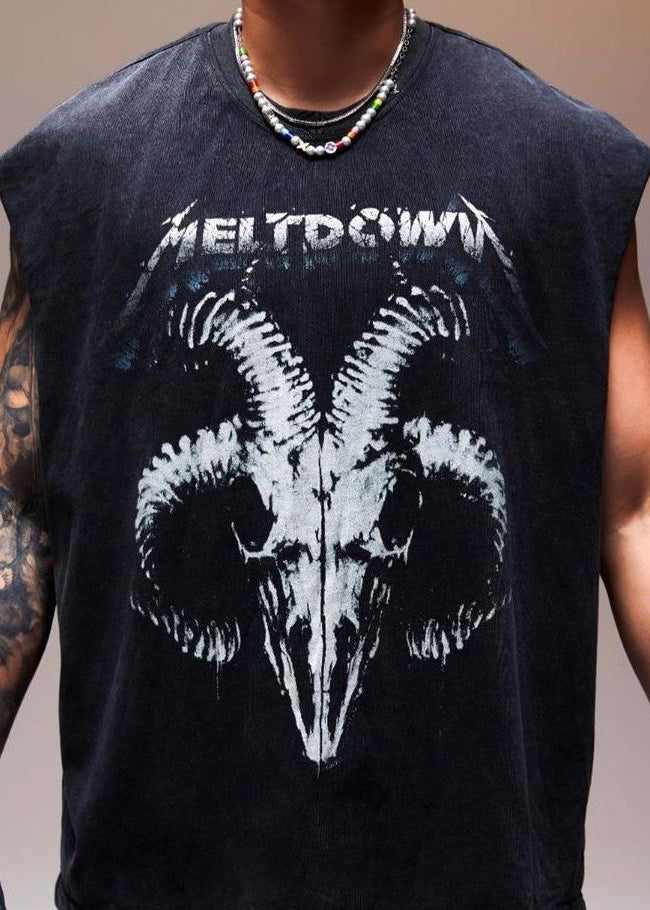 Vintage Black Letter Print Cotton Men Tank Sleeveless