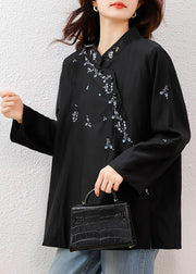 Vintage Black Mandarin Collar Embroidered Cotton Tops Fall