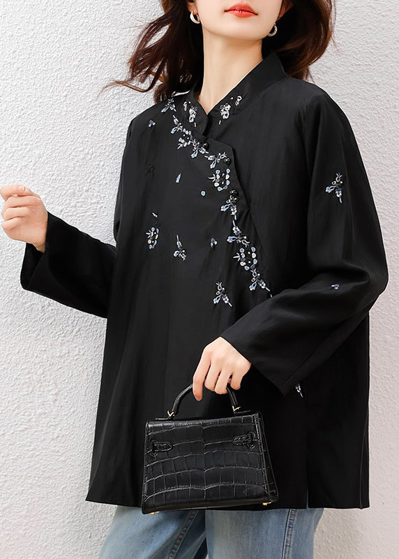 Vintage Black Mandarin Collar Embroidered Cotton Tops Fall
