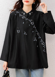 Vintage Black Mandarin Collar Embroidered Cotton Tops Fall