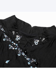 Vintage Black Mandarin Collar Embroidered Cotton Tops Fall