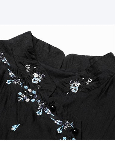 Vintage Black Mandarin Collar Embroidered Cotton Tops Fall