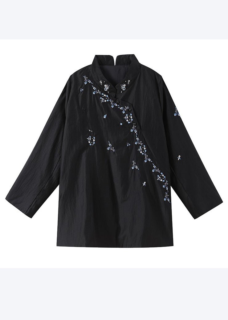Vintage Black Mandarin Collar Embroidered Cotton Tops Fall