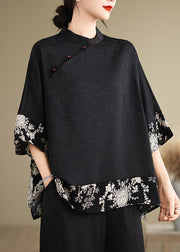 Vintage Black Mandarin Collar Patchwork Silk Shirt Summer