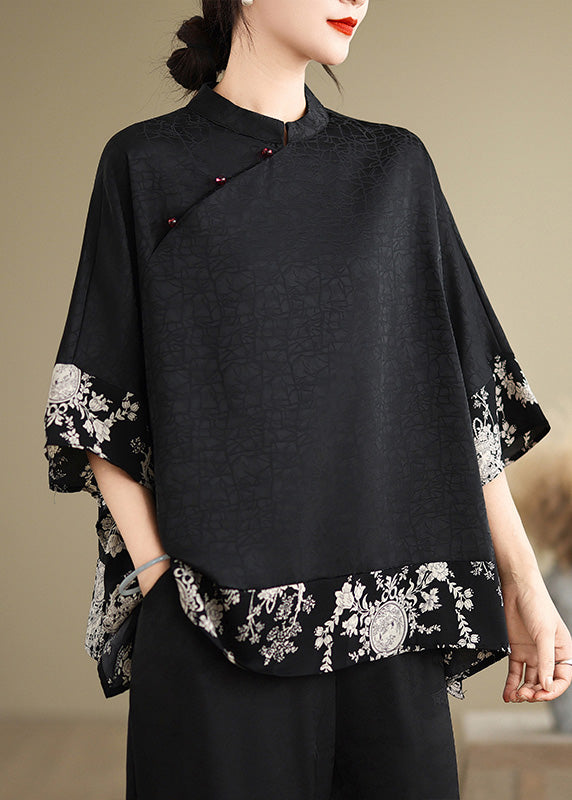 Vintage Black Mandarin Collar Patchwork Silk Shirt Summer