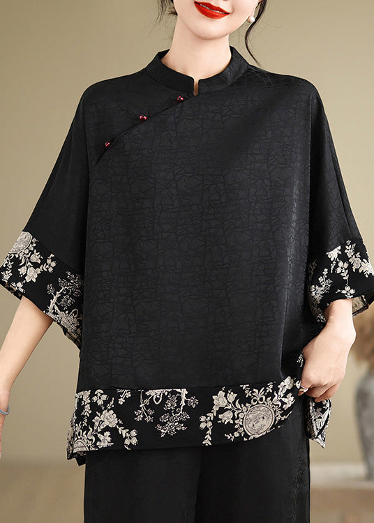 Vintage Black Mandarin Collar Patchwork Silk Shirt Summer