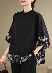 Vintage Black Mandarin Collar Patchwork Silk Shirt Summer