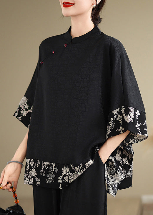Vintage Black Mandarin Collar Patchwork Silk Shirt Summer