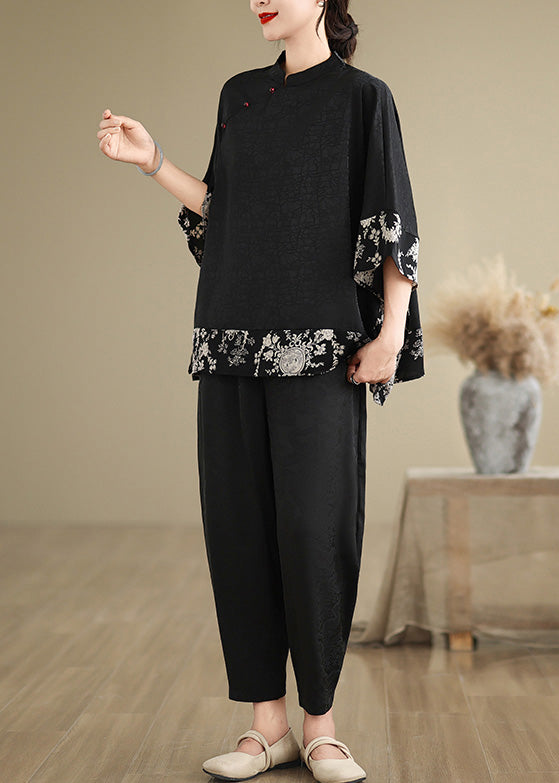 Vintage Black Mandarin Collar Patchwork Silk Shirt Summer