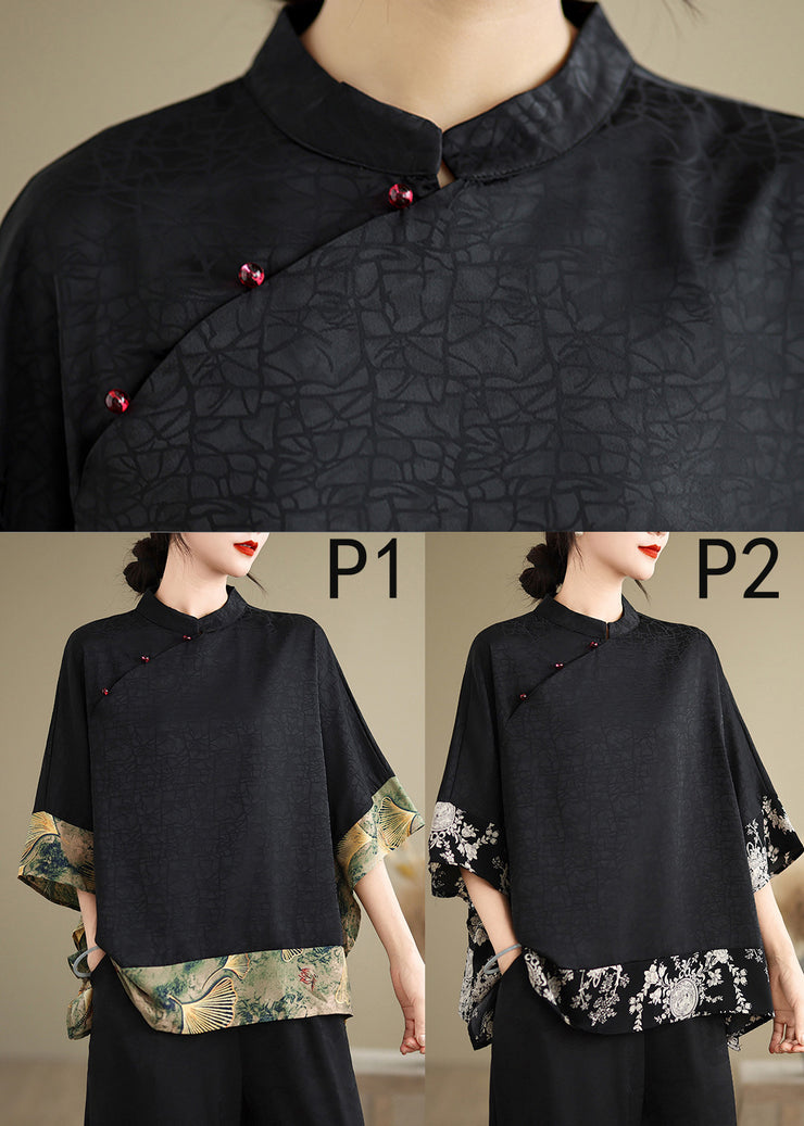 Vintage Black Mandarin Collar Patchwork Silk Shirt Summer