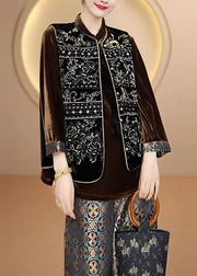 Vintage Black O Neck Embroideried Silk Vest Top Sleeveless