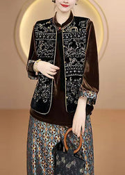 Vintage Black O Neck Embroideried Silk Vest Top Sleeveless