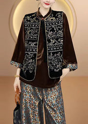 Vintage Black O Neck Embroideried Silk Vest Top Sleeveless