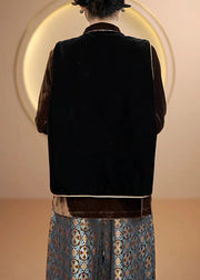 Vintage Black O Neck Embroideried Silk Vest Top Sleeveless