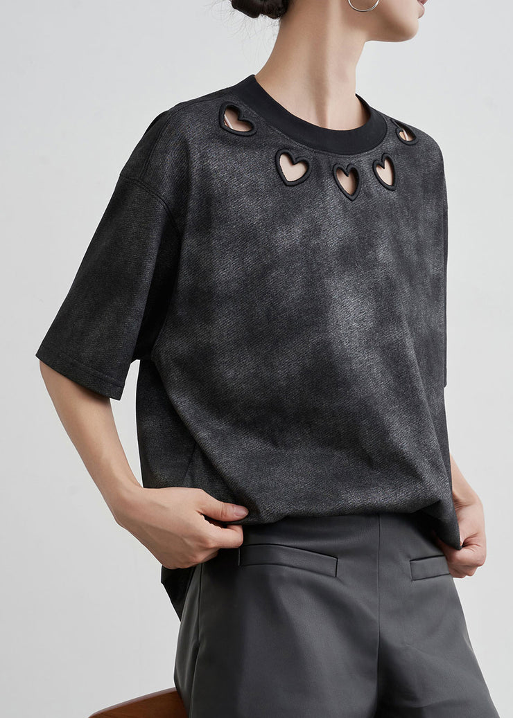 Vintage Black O Neck Hollow Out Cotton T Shirt Summer