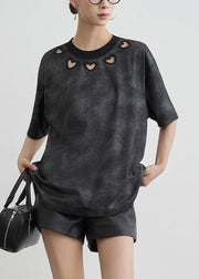 Vintage Black O Neck Hollow Out Cotton T Shirt Summer