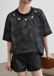 Vintage Black O Neck Hollow Out Cotton T Shirt Summer