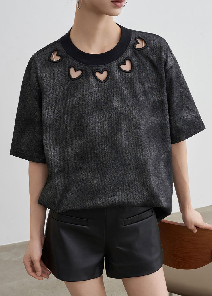 Vintage Black O Neck Hollow Out Cotton T Shirt Summer