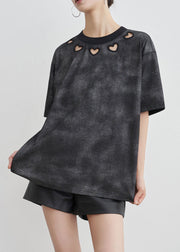 Vintage Black O Neck Hollow Out Cotton T Shirt Summer