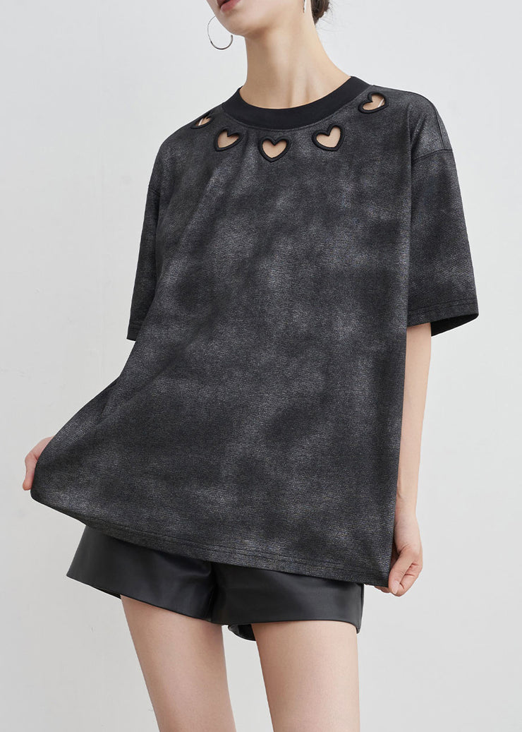 Vintage Black O Neck Hollow Out Cotton T Shirt Summer