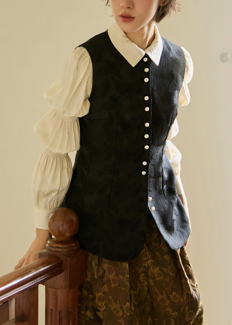 Vintage Black O Neck Jacquard Button Silk Vest Sleeveless
