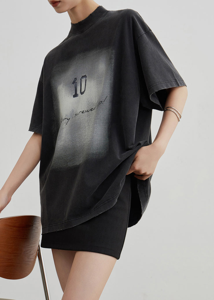 Vintage Black O Neck Print Cotton T Shirt Summer