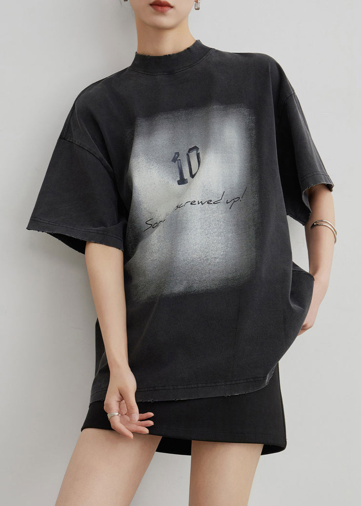 Vintage Black O Neck Print Cotton T Shirt Summer