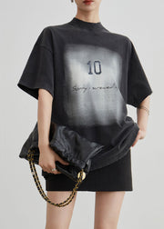 Vintage Black O Neck Print Cotton T Shirt Summer