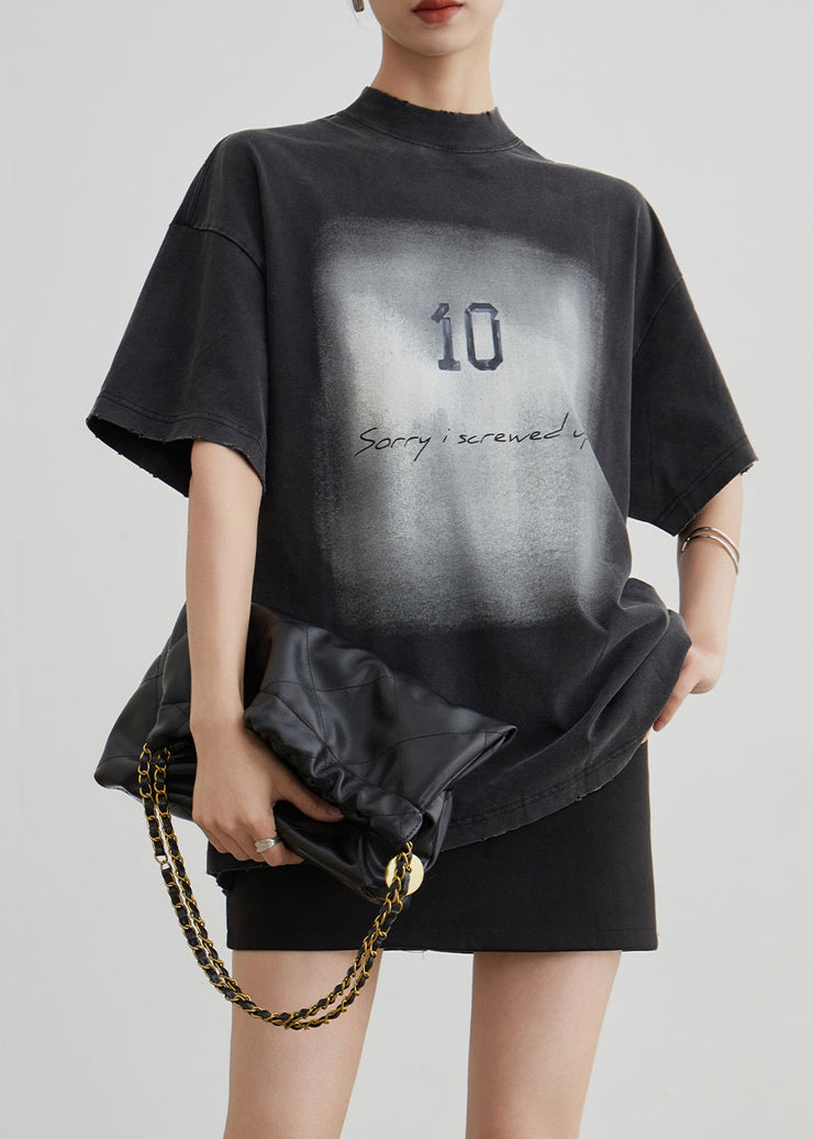 Vintage Black O Neck Print Cotton T Shirt Summer