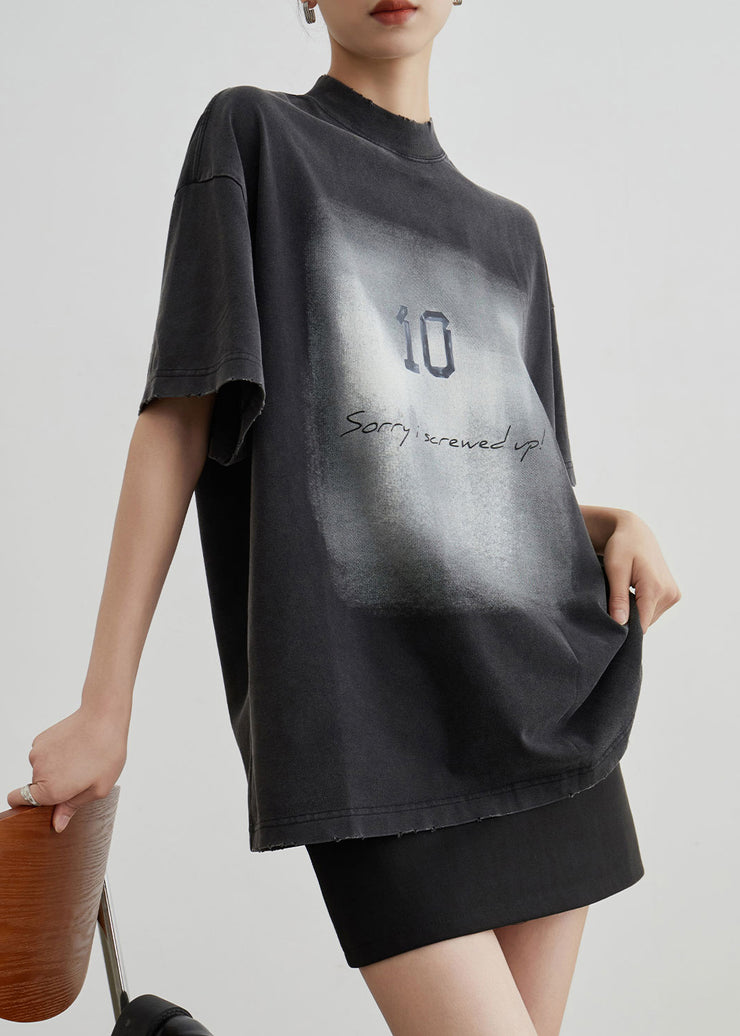 Vintage Black O Neck Print Cotton T Shirt Summer