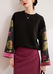 Vintage Black O-Neck Print Silk Cotton Pullover Fall