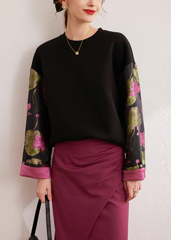 Vintage Black O-Neck Print Silk Cotton Pullover Fall