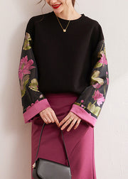 Vintage Black O-Neck Print Silk Cotton Pullover Fall