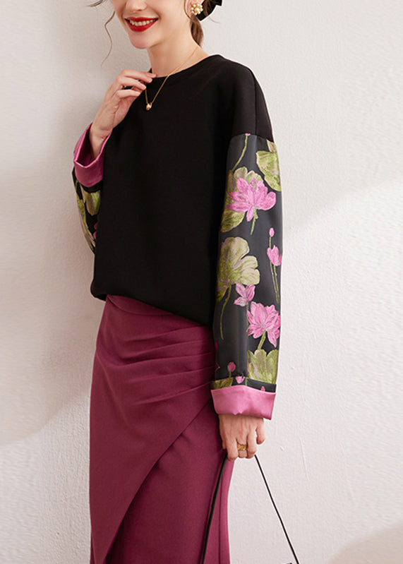 Vintage Black O-Neck Print Silk Cotton Pullover Fall