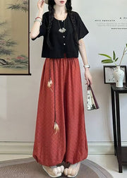 Vintage Black O Neck Tops And Pants Cotton Two Piece Set Summer