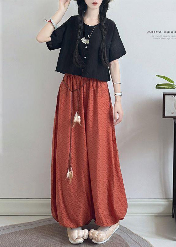 Vintage Black O Neck Tops And Pants Cotton Two Piece Set Summer