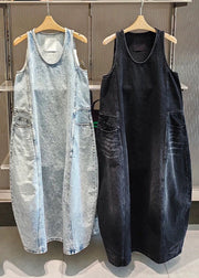 Vintage Black Original Design Pockets Long Dress Sleeveless