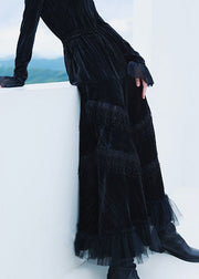 Boutique Black Silk Velour Patchwork Tulle Skirt Spring