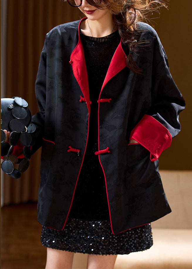Vintage Black Pockets Button Jacquard Wear On Both Sides Silk Coats Fall
