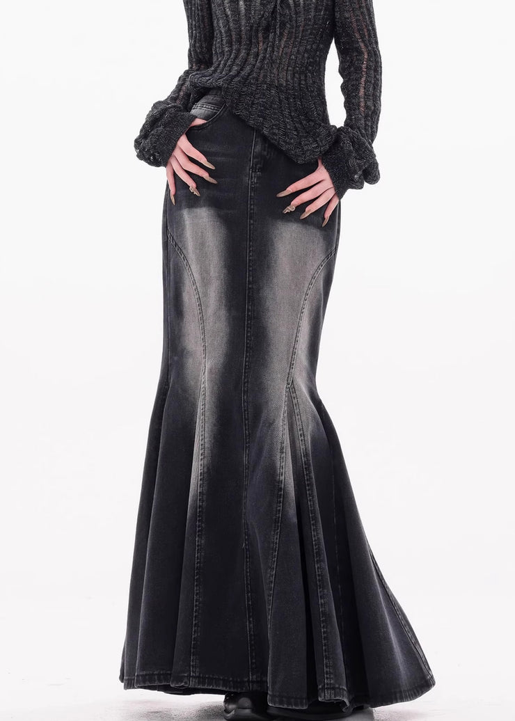 Vintage Black Pockets High Waist Denim Maxi Skirts Fall