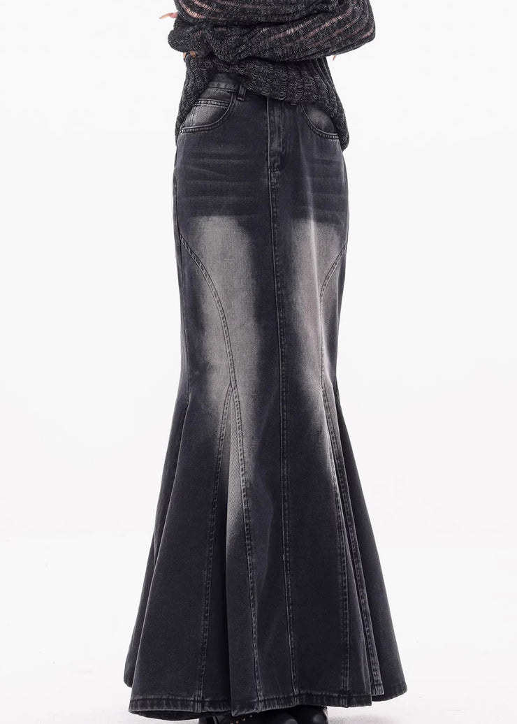 Vintage Black Pockets High Waist Denim Maxi Skirts Fall