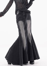 Vintage Black Pockets High Waist Denim Maxi Skirts Fall