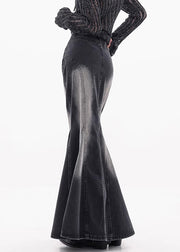 Vintage Black Pockets High Waist Denim Maxi Skirts Fall